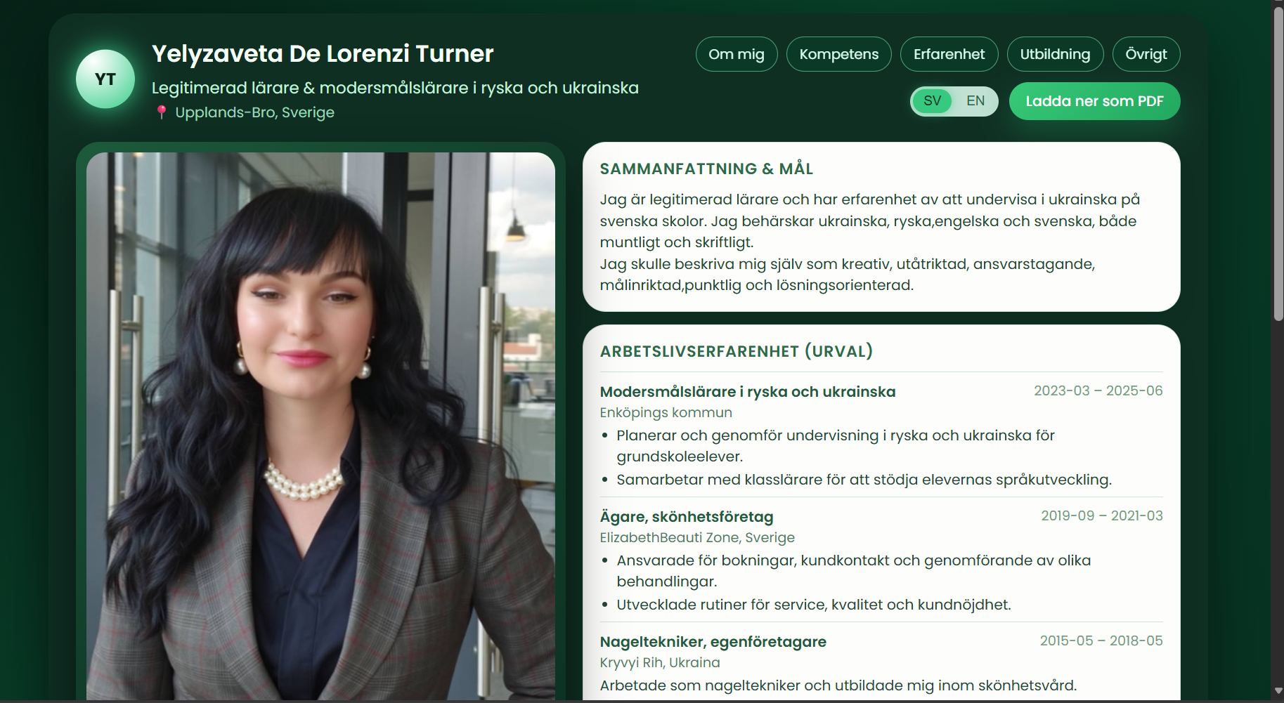 Skärmdump från CV-sida på webben