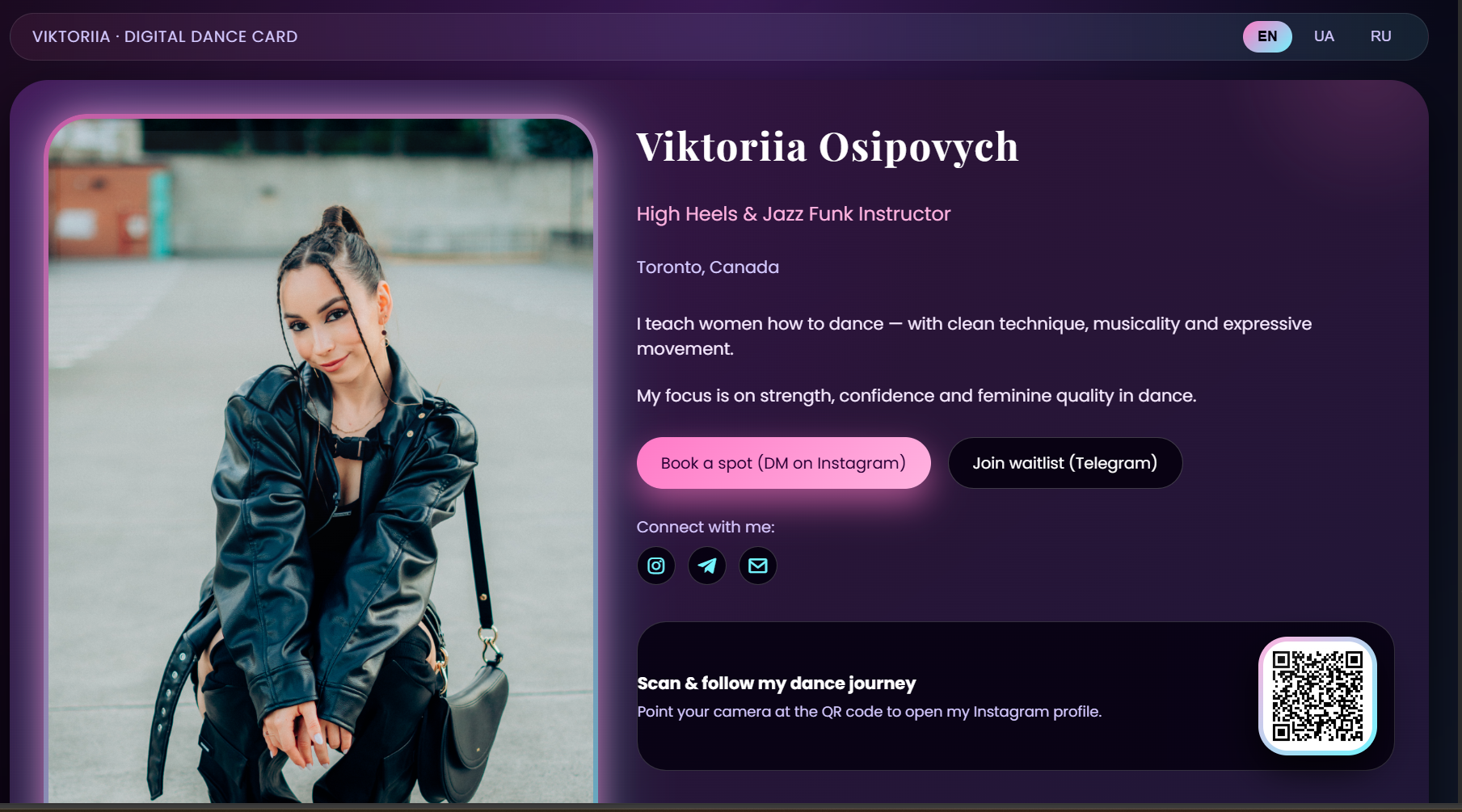 Skärmdump från digitalt visitkort